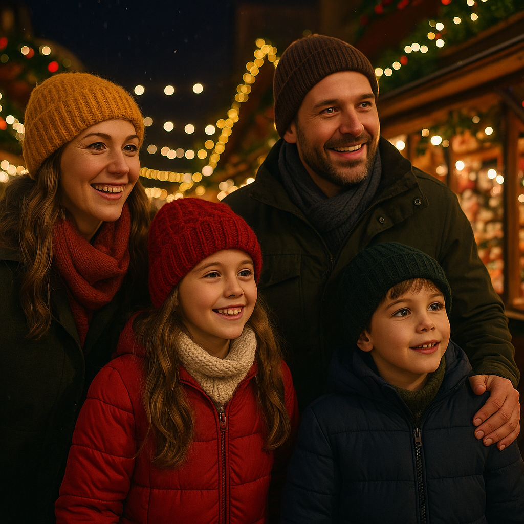 Family enjoying evening at outdoor UK Christmas market with red, green, and gold festive lights
