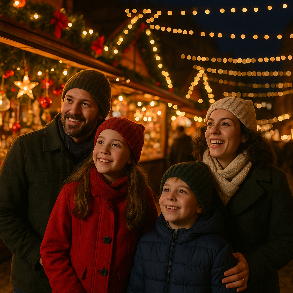 Family exploring UK outdoor Christmas market with festive evening lights