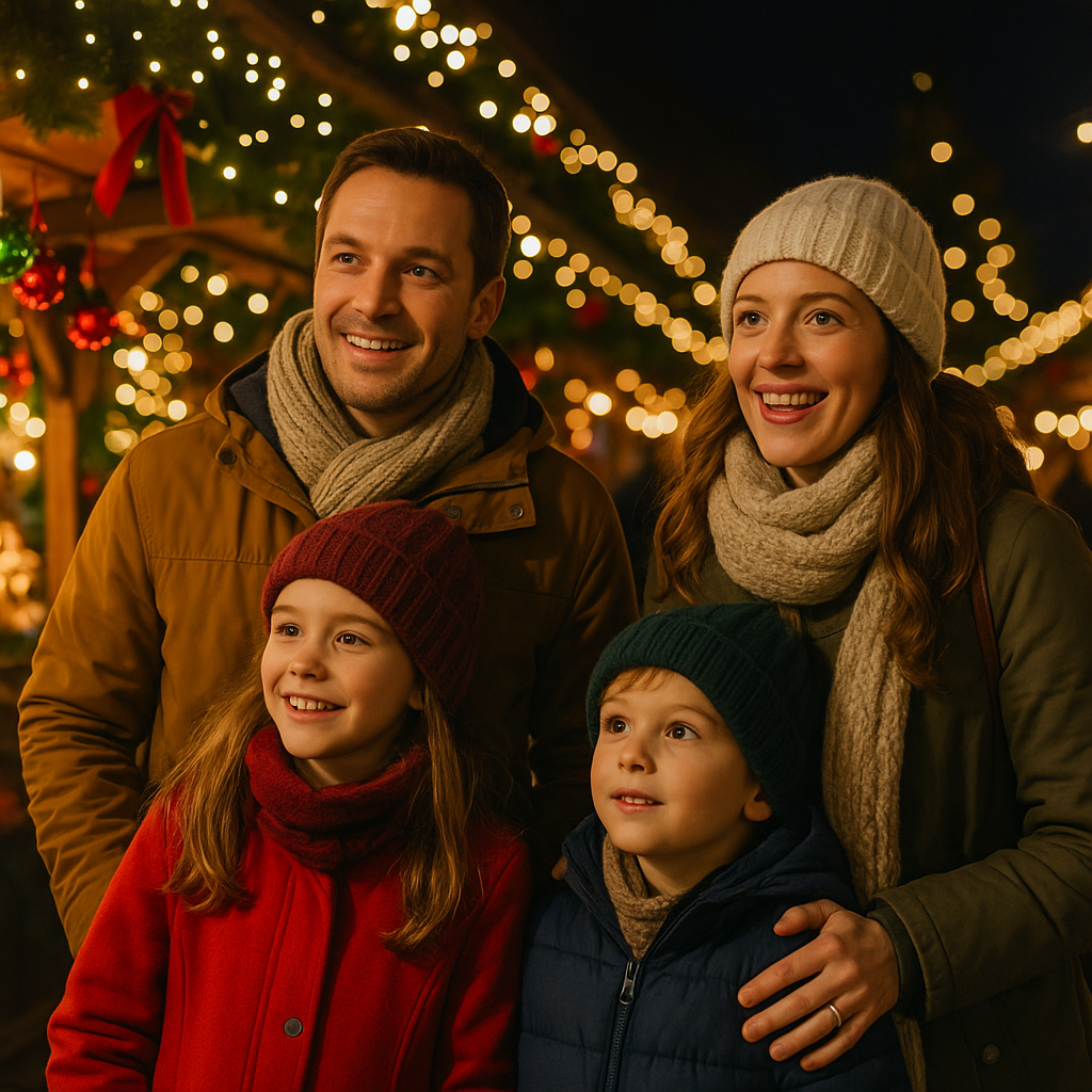 Family exploring a UK outdoor Christmas market with red, green, and gold lights in the evening