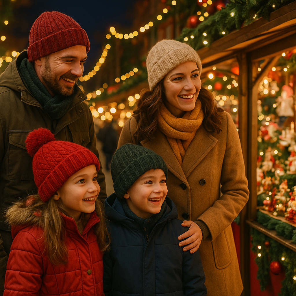 Family enjoying festive UK Christmas market with lights and stalls