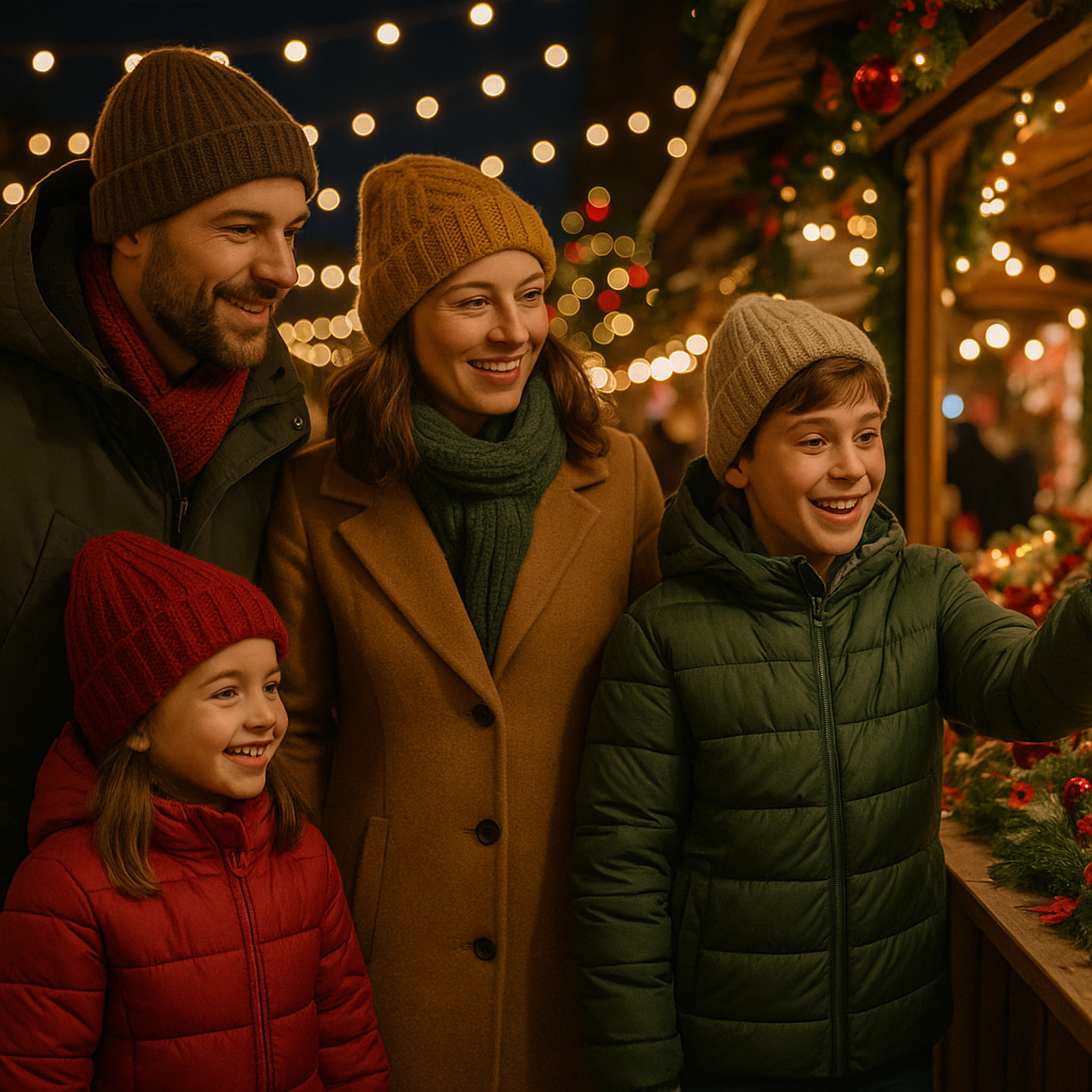 Family enjoying UK Christmas market with festive lights and stalls in evening