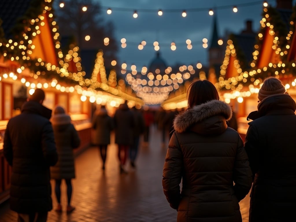 一家三口游览英国圣诞市场，欣赏夜晚的节日灯光
