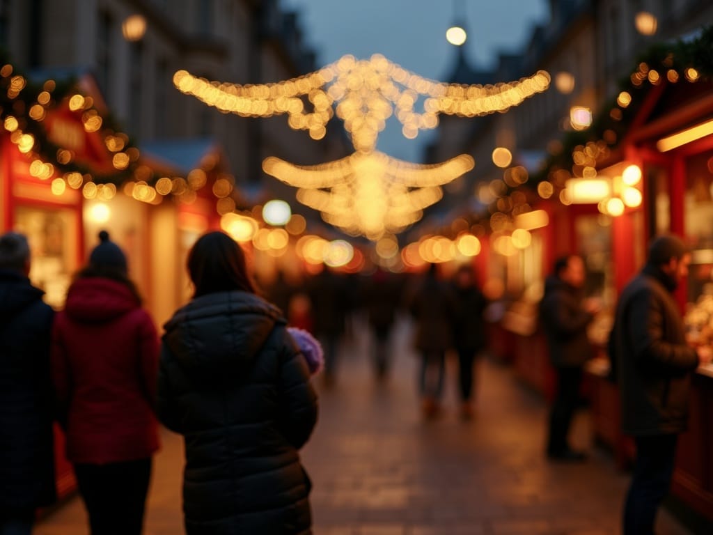 परिवार रात में उत्सवी रोशनी के तहत लंदन के क्रिसमस बाजार की खोज करता है