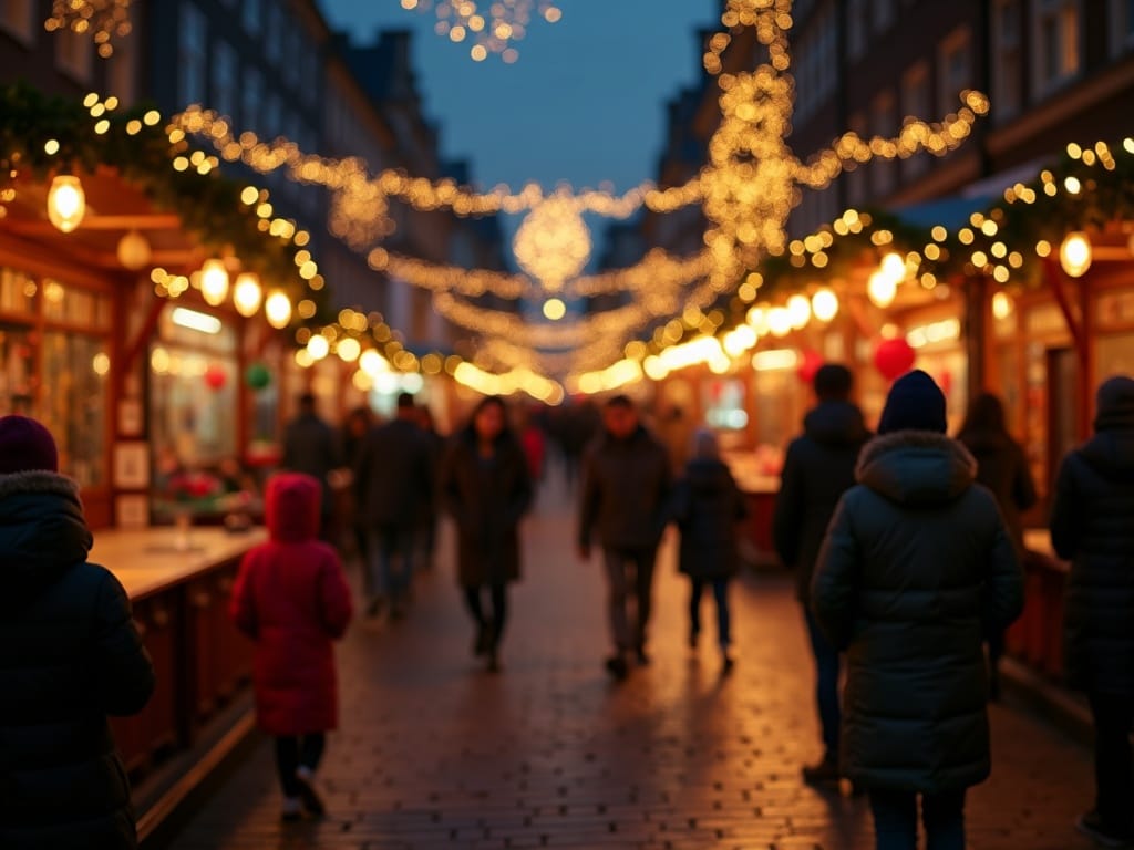 Familie, der udforsker et UK-julemarked med festligt lys om natten