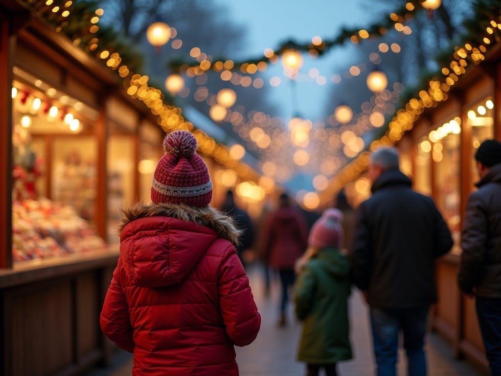Семейство, което се наслаждава на вечер на коледен пазар в Великобритания с червени, зелени и златни празнични светлини