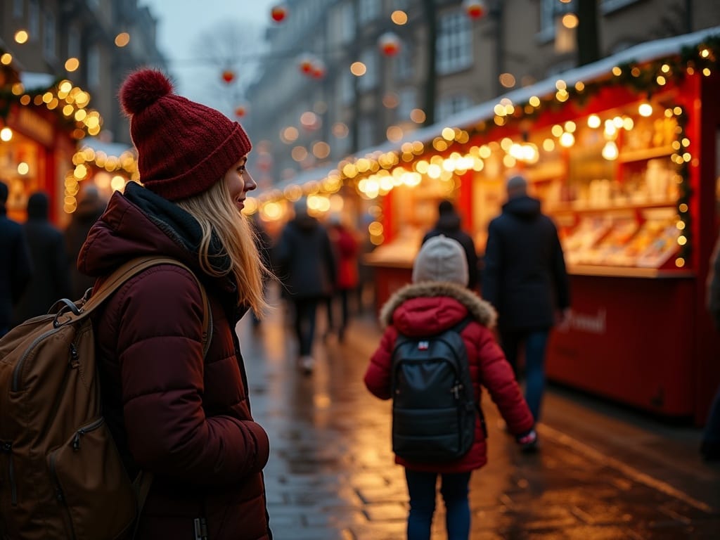 Famille profitant d'une soirée à un marché de Noël au Royaume-Uni avec des lumières festives rouges, vertes et dorées