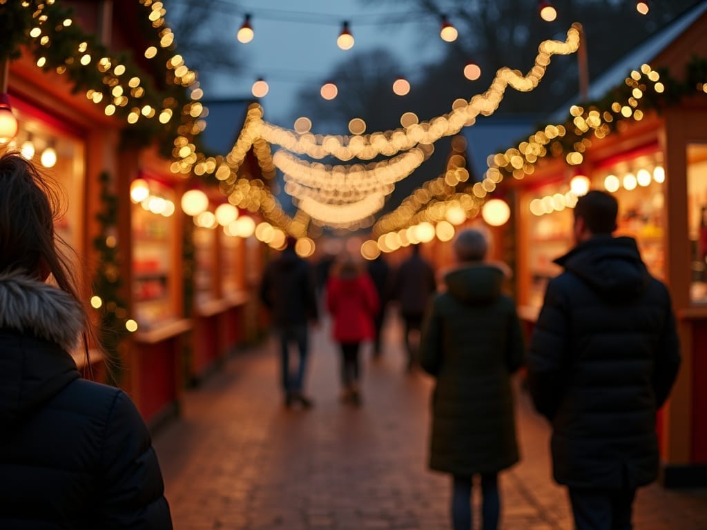 Family enjoying festive London Christmas market under twinkling evening lights