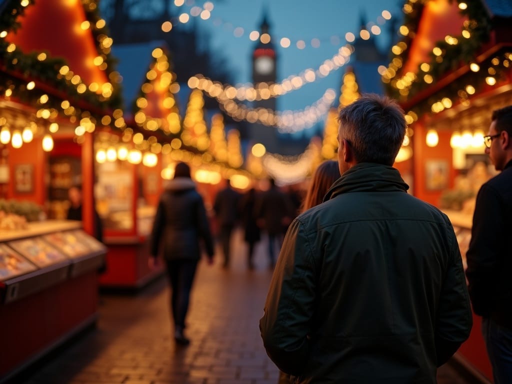 Family enjoying an evening at a UK Christmas market with red, green, and gold festive lights