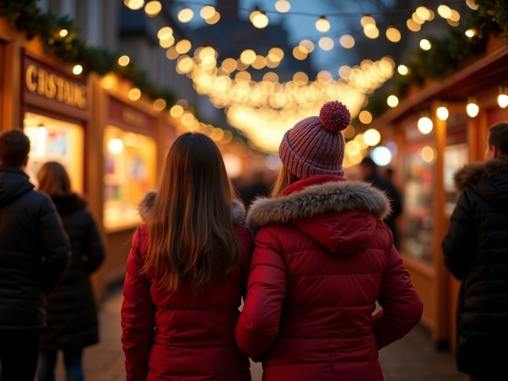 Rodzina ciesząca się brytyjskim jarmarkiem bożonarodzeniowym w nocy z świątecznym oświetleniem