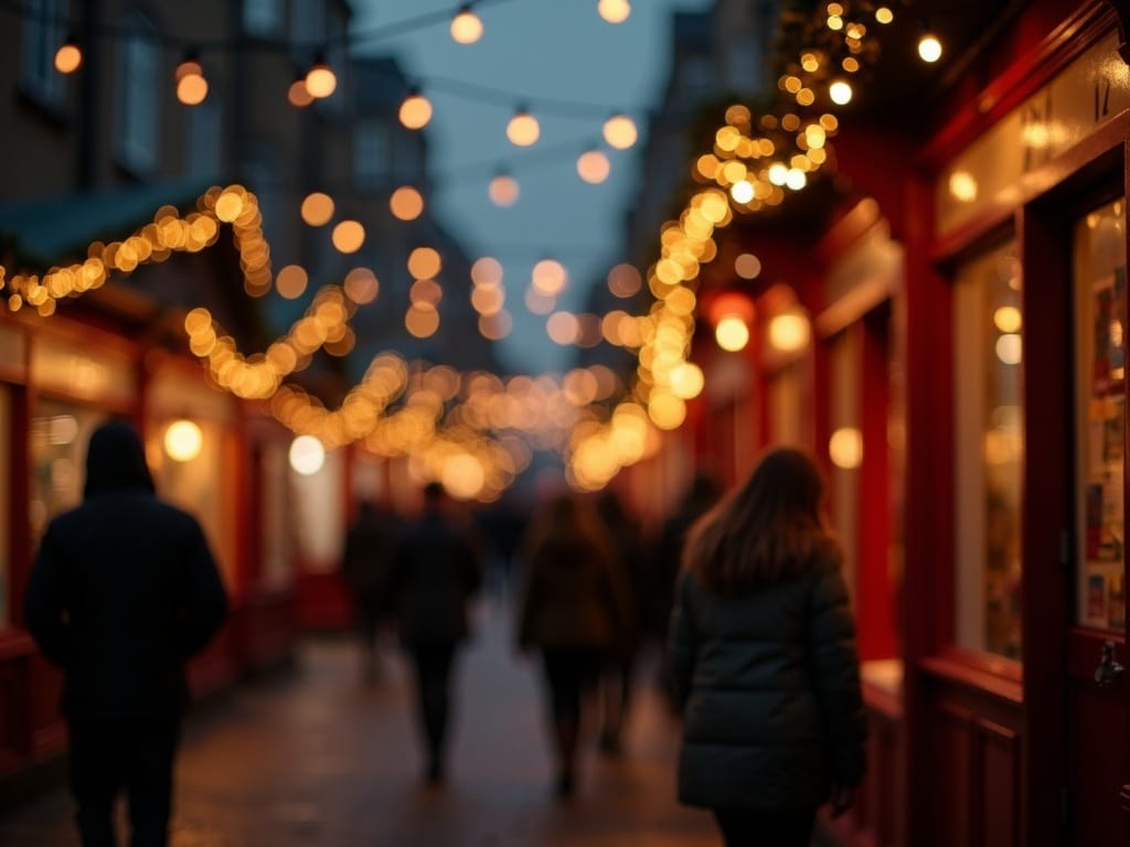 Família explorant un mercat de Nadal festiu del Regne Unit amb llums i decoracions a la nit