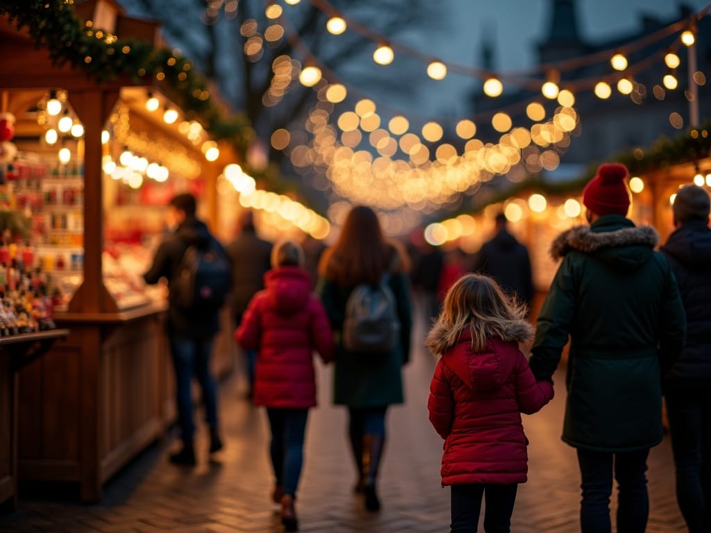 عائلة تستكشف سوق عيد الميلاد في المملكة المتحدة مع أضواء الأعياد في الليل