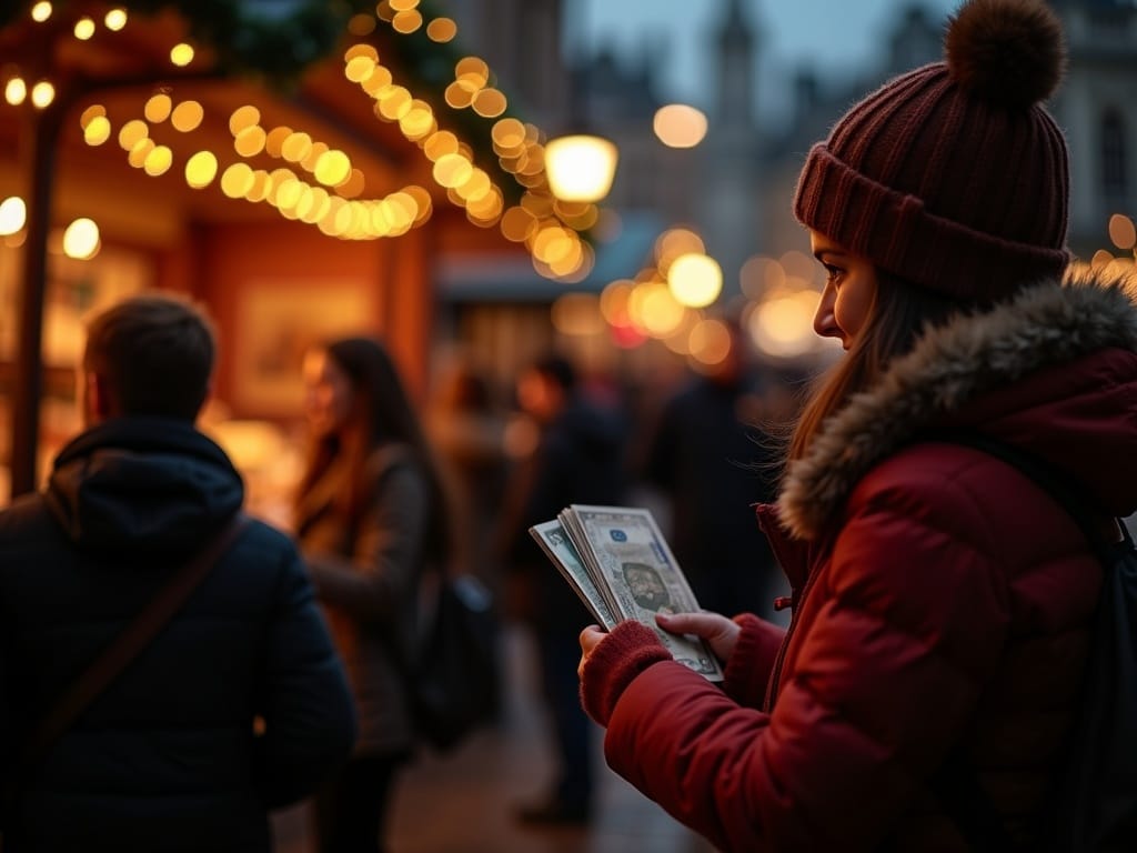 परिवार रात में रोशनी और छुट्टियों की सजावट से सजे उत्सवपूर्ण यूके क्रिसमस बाज़ार का अन्वेषण कर रहा है।