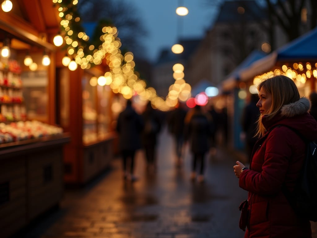 Družina uživa na božičnem sejmu v Veliki Britaniji ponoči z rdečimi, zelenimi in zlatimi prazničnimi lučkami