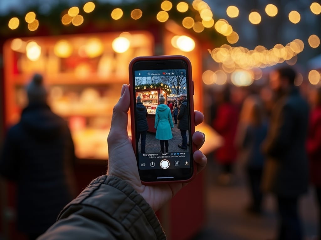 Družina raziskuje britanski zunanji božični trg s prazničnimi lučmi in okraski za praznike zvečer