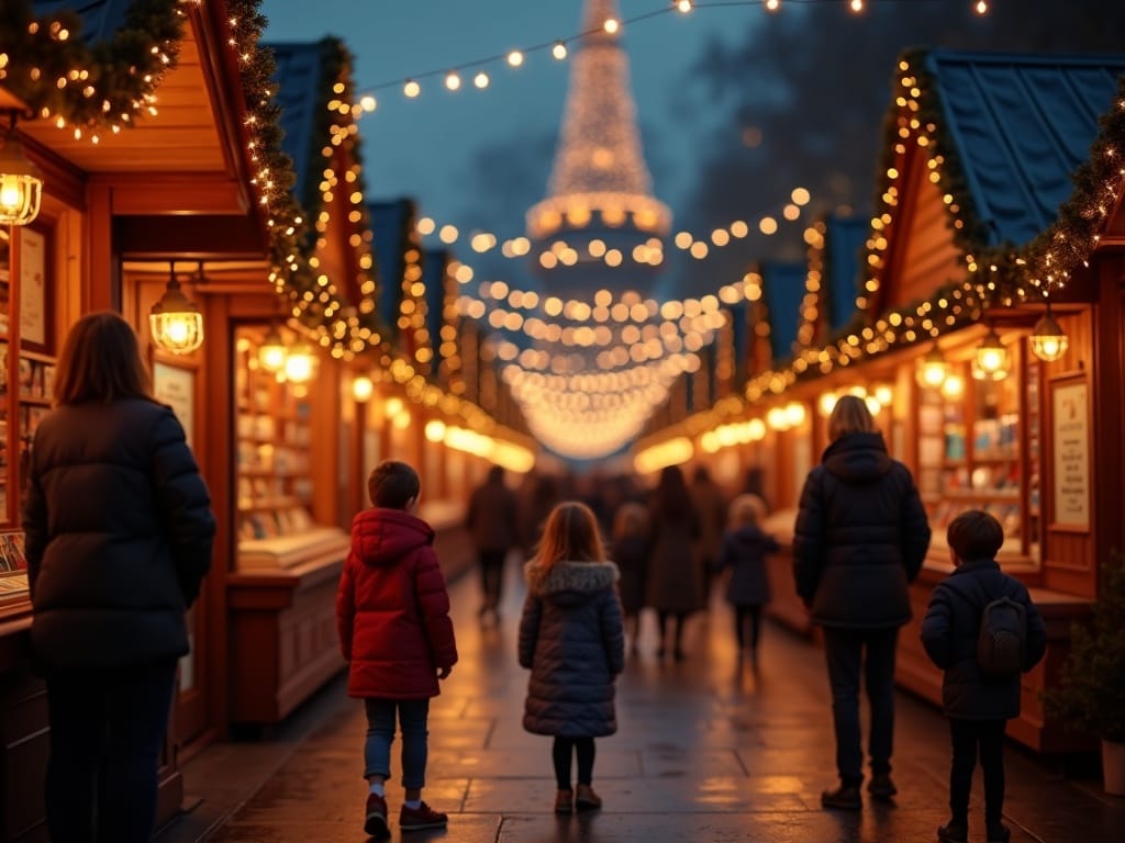 Une famille profite d'un marché de Noël au Royaume-Uni avec des lumières et des décorations de Noël.