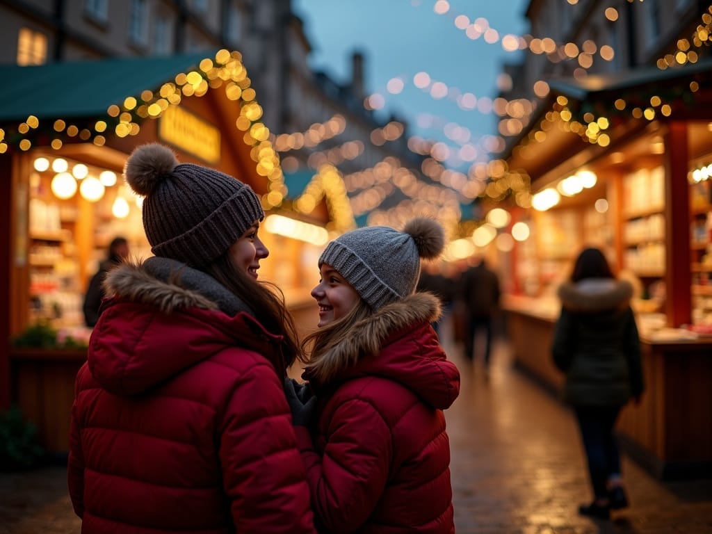 夕暮れのイルミネーションの下、家族でイギリスのクリスマスマーケットを散策