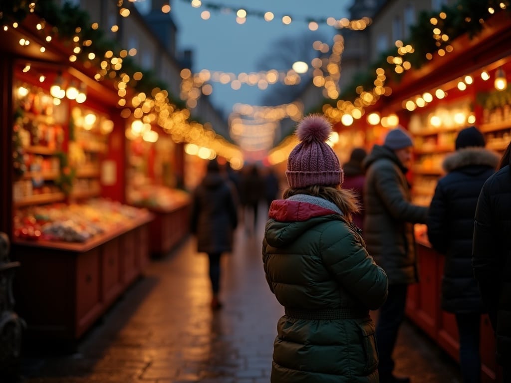 Familie nyder aftenlyset på et festligt julemarked i London under åben himmel