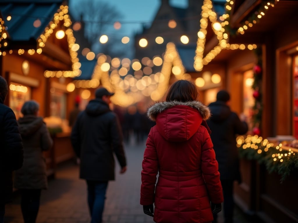 ইউরোপীয় পরিবার UK ক্রিসমাস বাজারে উৎসবমুখর সন্ধ্যার আলোর নিচে