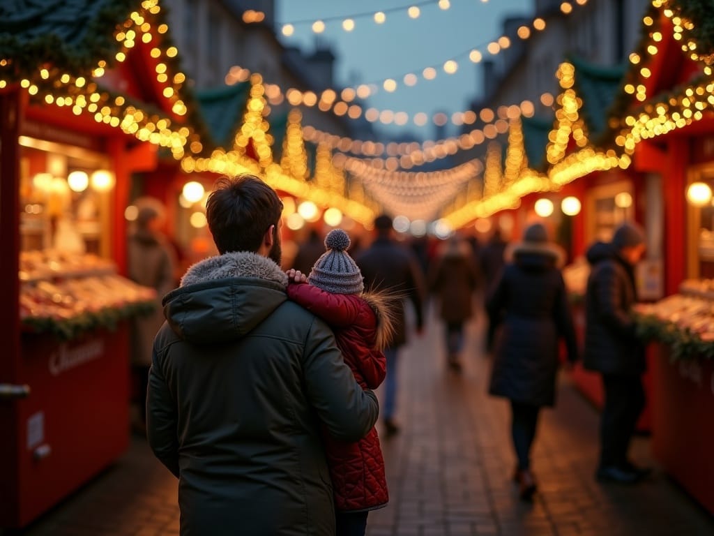 EU পরিবার UK ক্রিসমাস বাজারে আলো, গাছ এবং সন্ধ্যার উৎসবমুখর সাজসজ্জা সহ অন্বেষণ করছে