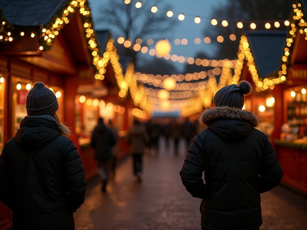 Rodinná procházka londýnským vánočním trhem pod slavnostním večerním osvětlením
