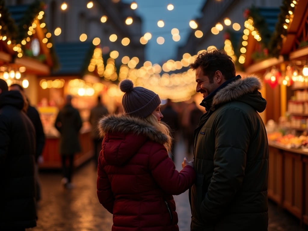 Familie udforsker festligt britisk julemarked med lys og dekorationer