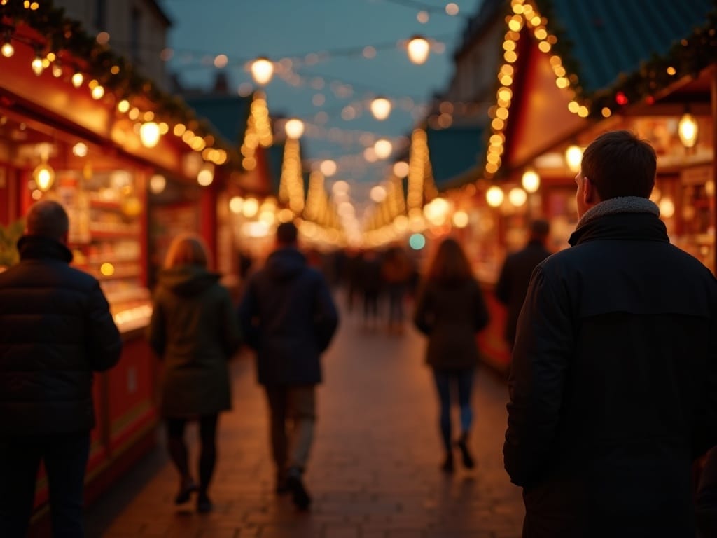 Familie på oppdagelsesferd i det festlige britiske julemarkedet med lys og julepynt