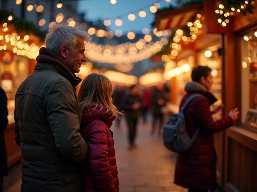 Οικογένεια που απολαμβάνει μια αγορά Χριστουγέννων στο ΗΒ με φεστιβαλιακά φώτα το βράδυ και ζωρμές διακοσμήσεις