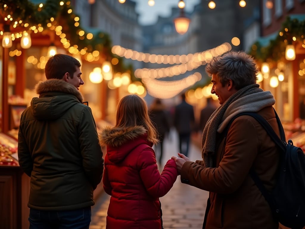 Keluarga menikmati lampu-lampu meriah di pasar Natal Inggris dengan dekorasi merah, hijau, dan emas