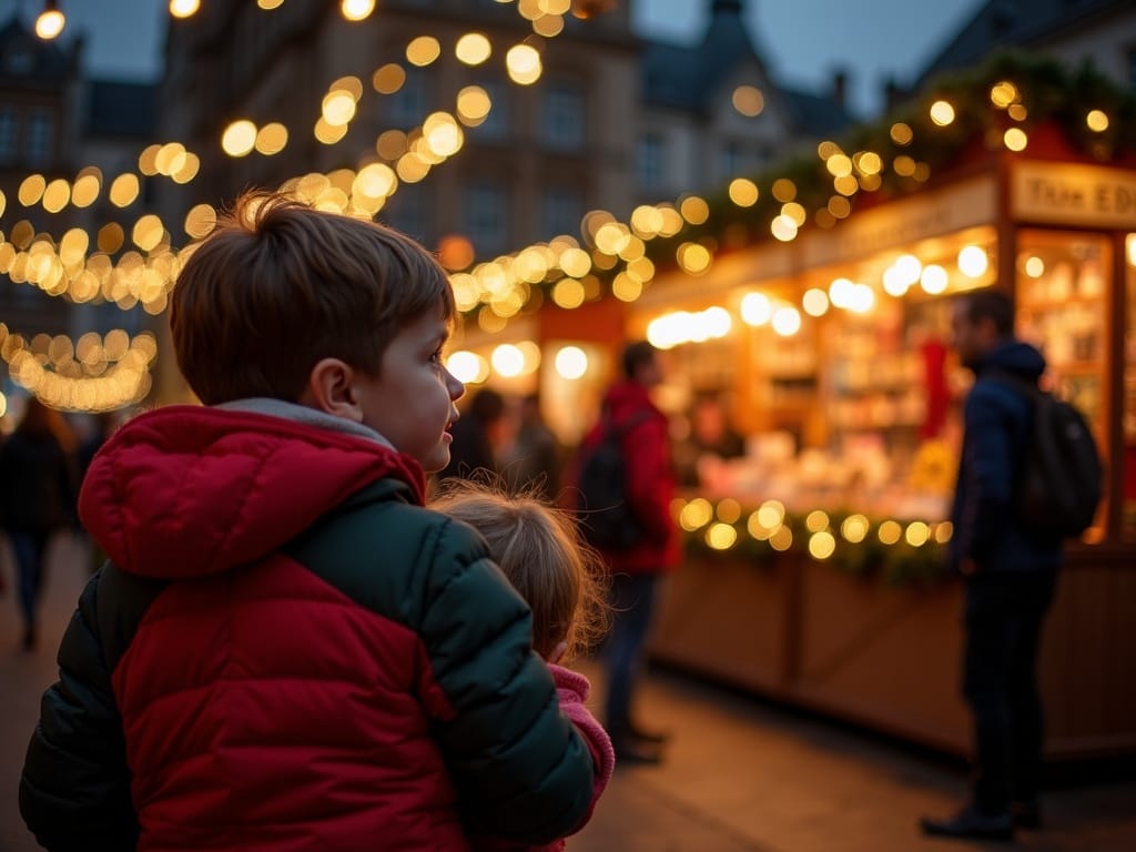 Một gia đình đang tận hưởng không khí tại một chợ Giáng sinh ở Anh với ánh đèn lung linh và những món đồ trang trí rực rỡ