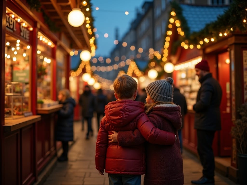 Family enjoying festive lights at a UK Christmas market with red, green, and gold decorations