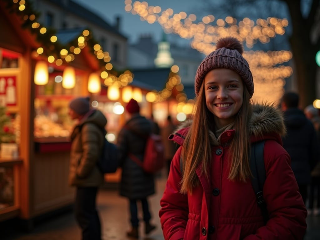 Famille profitant du marché de Noël de Londres avec des lumières et des décorations festives