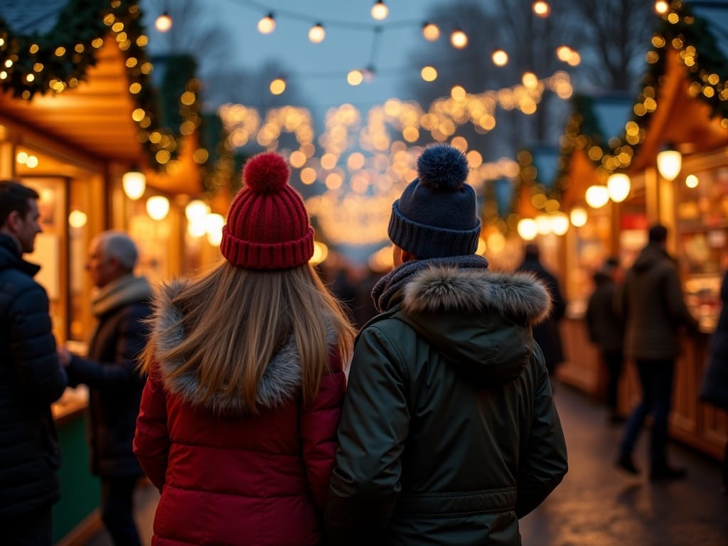 Family enjoying a UK Christmas market under red, green and gold festive lights