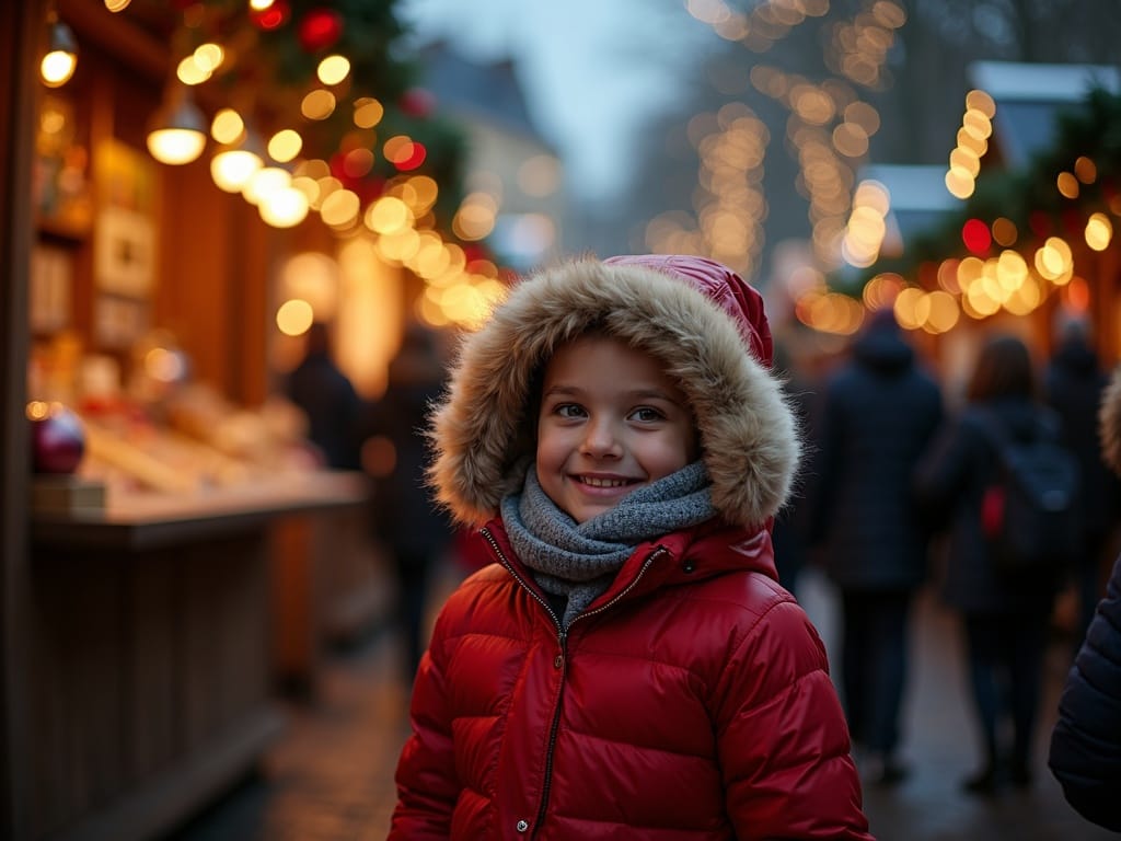 Family browsing holiday stalls under festive evening lights at a London Christmas market