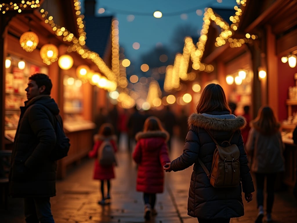 EU-familie som nyter festlig belysning på britisk julemarked om kvelden