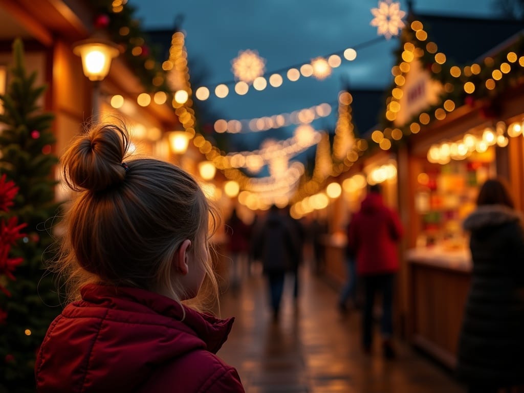 Rodina si prezerá vianočný trh v Spojenom kráľovstve v noci so slávnostnými červenými, zelenými a zlatými svetlami