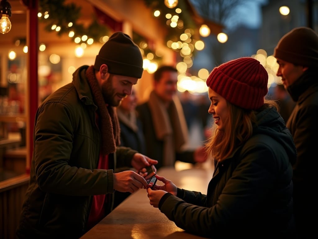 Family enjoying UK Christmas market with festive lights and payment apps