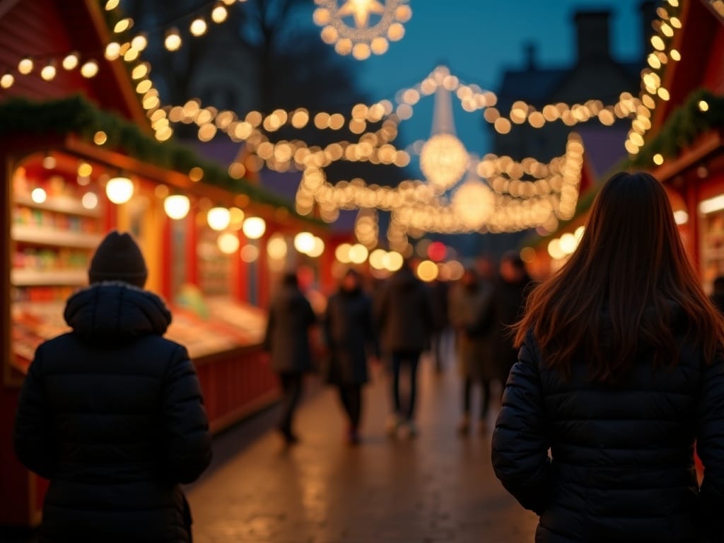 परिवार शाम की पर्व रोशनी के तहत बाहरी UK क्रिसमस बाजार की खोज करता है
