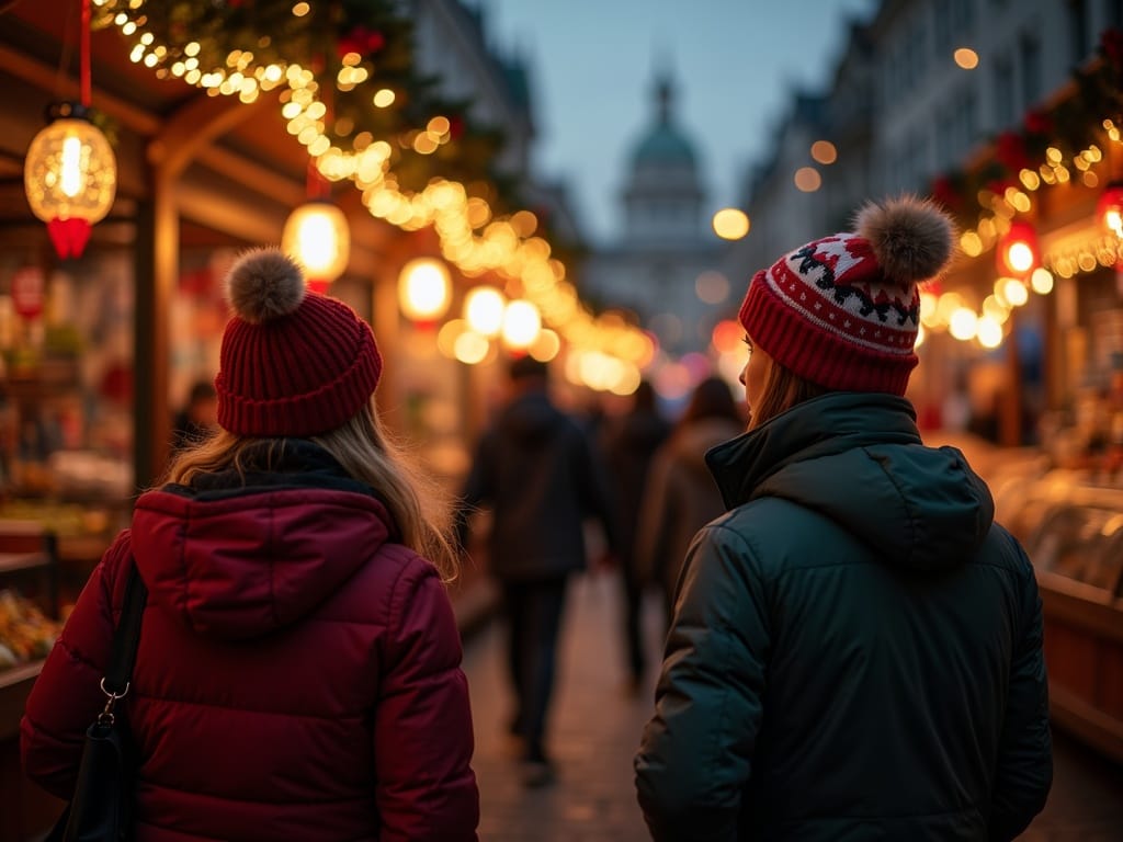 Rodina si užíva slávnostný večer na britskom vianočnom trhu so svetlami a slávnostnými stánkami