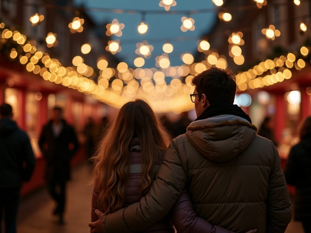 Rodina prozkoumá venkovní vánoční trh ve Velké Británii pod večerním svátečním osvětlením