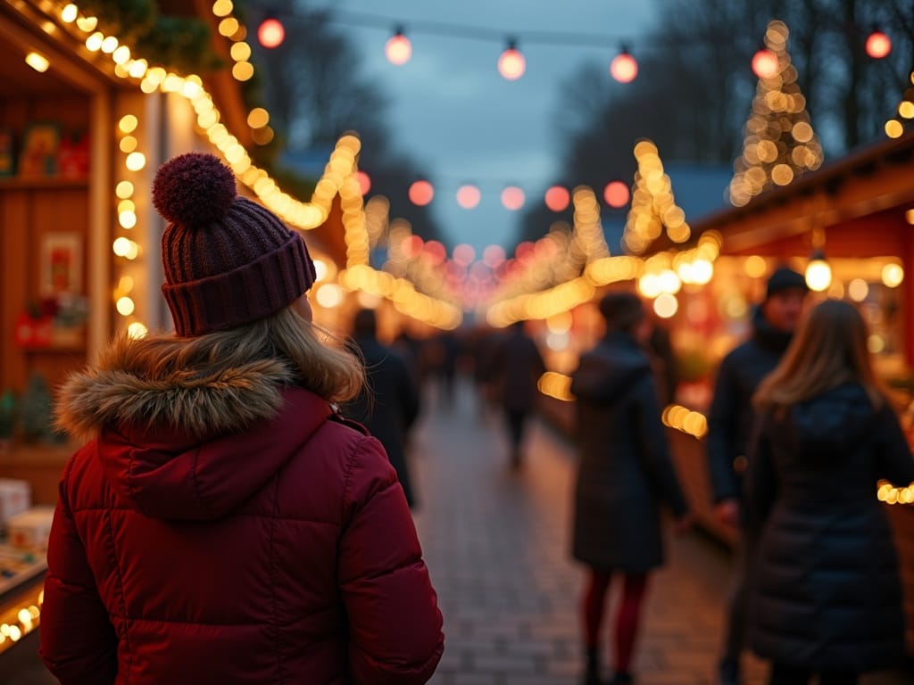 Una familia explora un mercado navideño del Reino Unido bajo las luces festivas de la noche