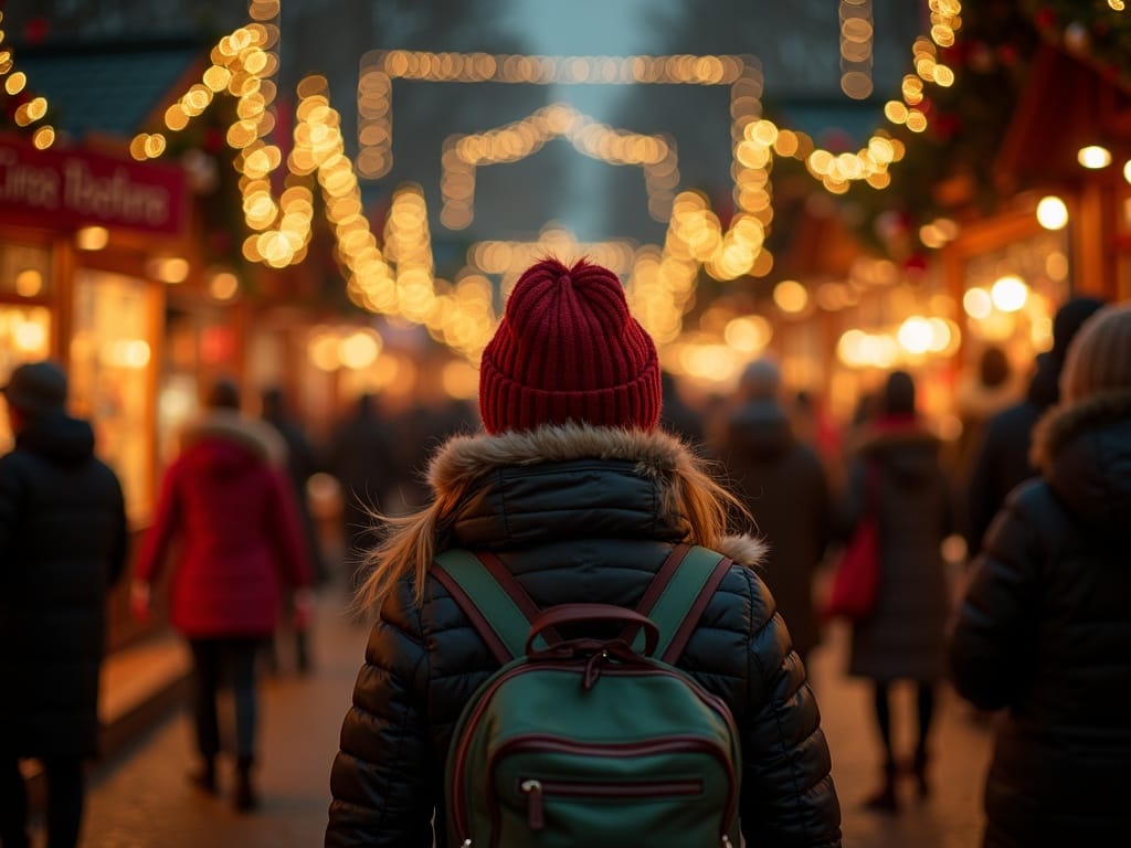 Šeima, besimėgaujanti Jungtinės Karalystės Kalėdų turgumi naktį po raudonomis, žaliomis ir auksinėmis šventinėmis lemputėmis
