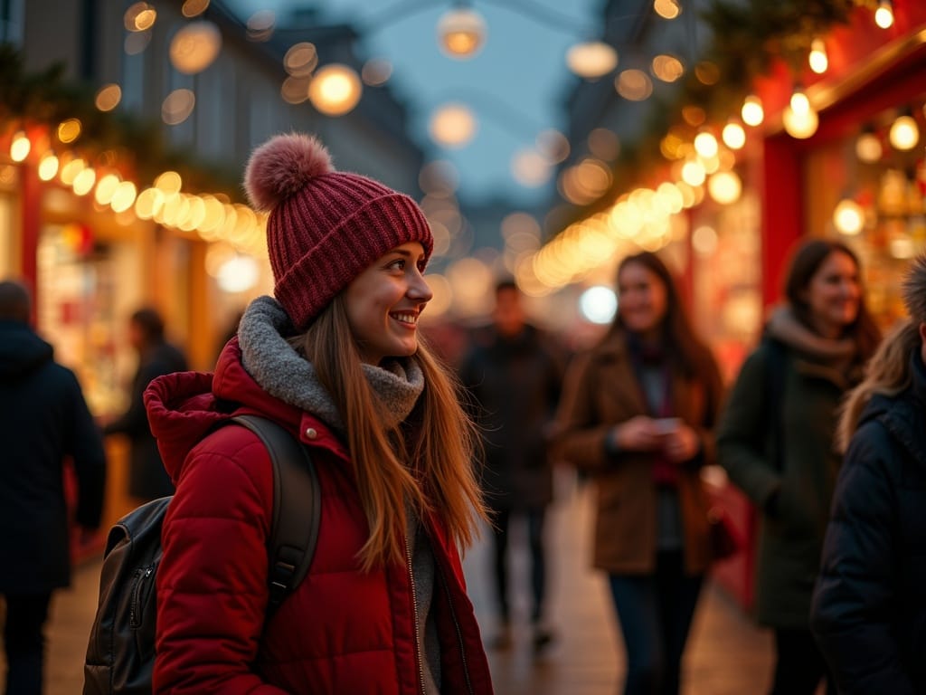 Šeima tyrinėja Jungtinės Karalystės Kalėdų mugę po atviru dangumi ir apsipirkinėja po šventinėmis vakaro šviesomis, susigrąžindama PVM