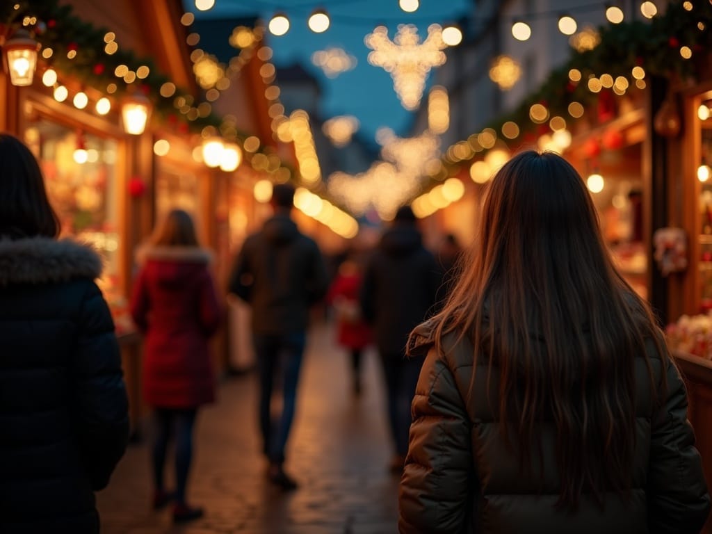 Şenlikli akşam ışıkları altında Birleşik Krallık Noel pazarının tadını çıkaran aile