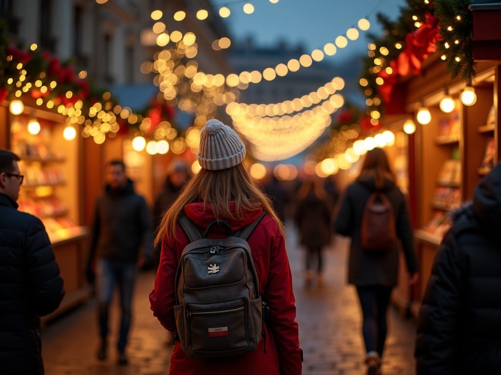 Una família explora un mercat de Nadal a l'aire lliure del Regne Unit sota les llums festives del vespre.