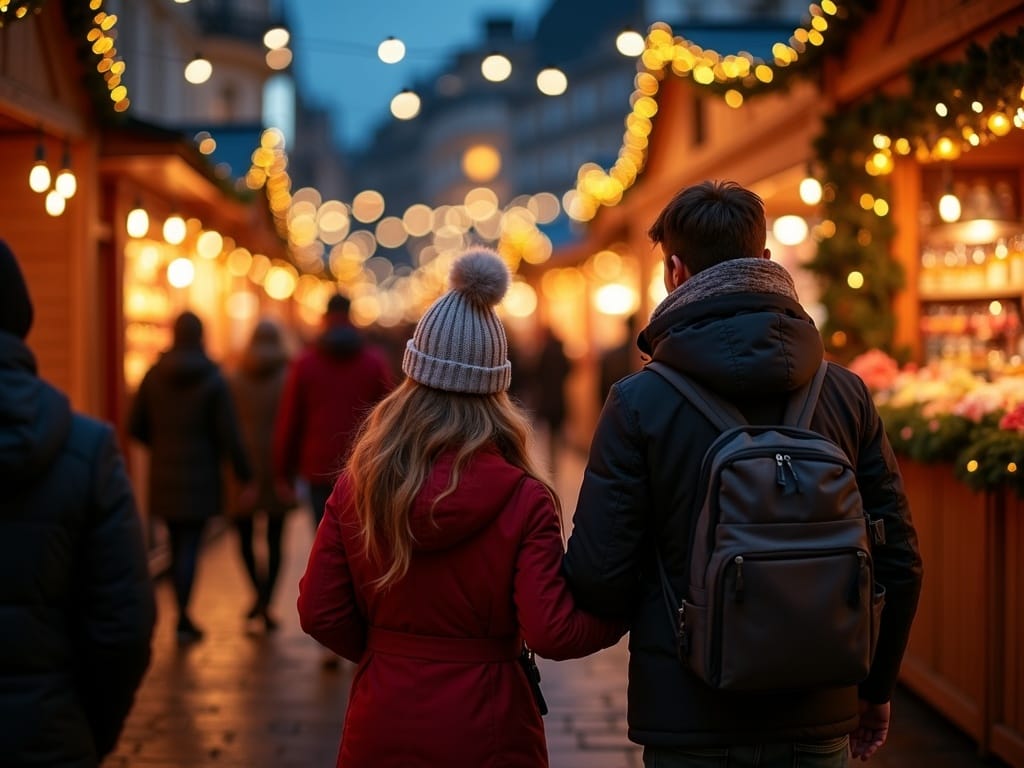 Family enjoying a UK Christmas market with lights and holiday décor