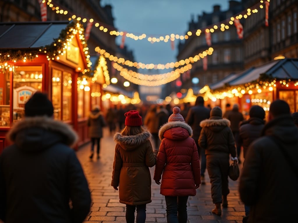 त्योहार की शाम की रोशनी में एडिनबर्ग में एक यूके क्रिसमस बाज़ार की सैर करते हुए एक परिवार