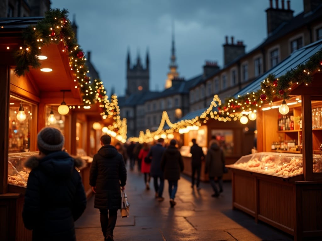 عائلة تستمتع بسوق عيد الميلاد في المملكة المتحدة ليلاً مع أضواء احتفالية باللون الأحمر والأخضر والذهبي