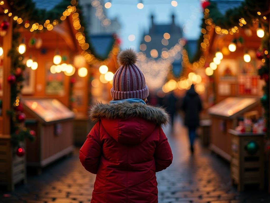 Une famille découvre le marché de Noël en plein air du Royaume-Uni sous les lumières de la nuit