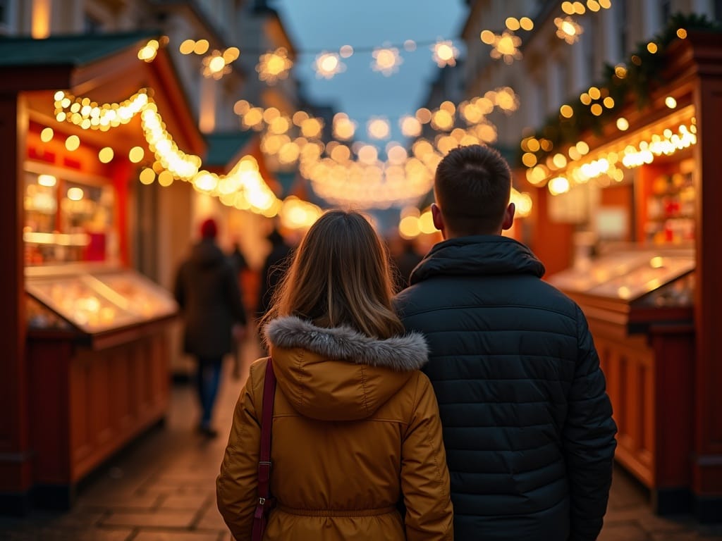 Rodina navštívila vánoční trh ve Velké Británii pod slavnostním večerním osvětlením