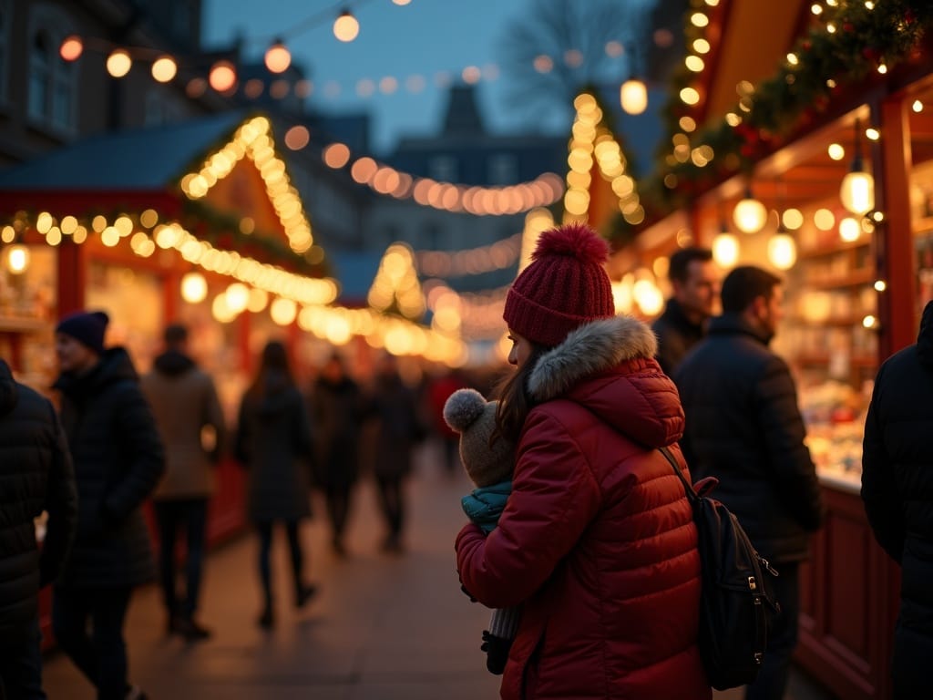 Family enjoying red, green, and gold lit UK Christmas market at night
